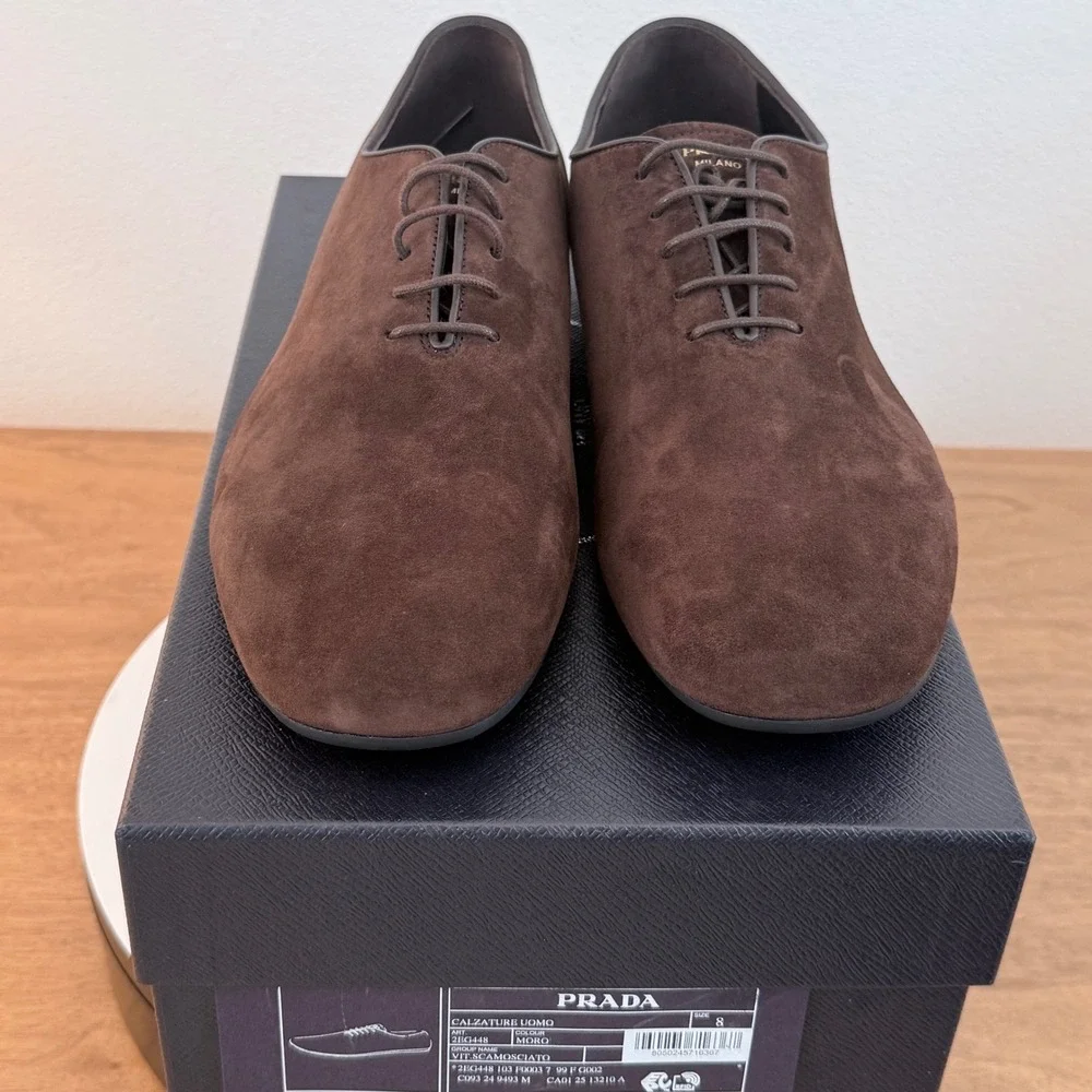 Prada Mens Vit.Scamosciato Suede Oxford Shoes Moro Brown 2EG448 Size 8